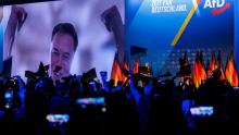 AfD supporter Elon Musk addresses an AfD rally in Halle, Germany by video link, Jan 2025